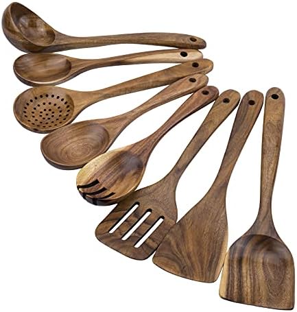 WOODME Kitchen Utensils Set 8 Piece Teak Wooden Cooking Utensil Set Non-Stick Pan Wood Spoons and Spatula Cookware for Home Everyday Use &Kitchen Tools