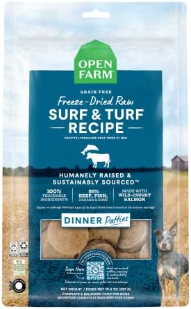 Open Farm Freeze Dried Raw Patties for Dogs, Humanely Raised Meat Recipe with Non-GMO Superfoods and No Artificial Flavors or Preservatives, Surf and Turf Recipe, 10.5oz