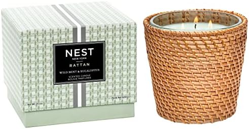 NEST Fragrances Wild Mint & Eucalyptus Scented 3-Wick, Long-Lasting Candle for Home with Rattan Sleeve, 21 Oz