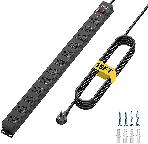 CRST 12 Outlet Long Heavy Duty Power Strip with 15Ft Cord,2100 Joules Surge Protector Mountable Power Strip, Wide Spaced Outlets for Industrial Garage Commercial(15A/1875W)