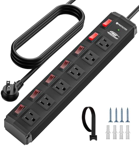 CRST 6 Outlet Metal Power Strip with Individual Switches, Mountable Heavy Duty Power Strip for Garage Workshop, 1200 J Surge Protector Power Strip 15A Circuit Breaker, 6FT Extension Cord 15A/1875W