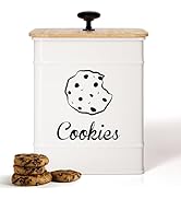 Cookie Jar with Airtight Bamboo Lid - 6"W x 6"D x 8"H White Iron Cookie Tin - Large Cookie Jars w...