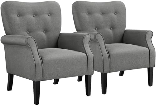 Yaheetech Modern Armchair, Mid Century Accent Chair with Sturdy Wood Legs and High Back for Small Space, Upholstered Fabric Sofa Club Chair for Living Room/Bedroom/Office, Set of 2, Dark Gray