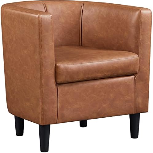 Yaheetech Accent Chair, PU Leather, Modern and Comfortable Armchairs, Upholstered Barrel Sofa Chair for Living Room Bedroom Waiting Room, Brown