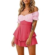 Fixmatti Women's 2024 Color Block Romper Off The Shoulder Short Sleeve Ruffle Jumpsuit Playsuit