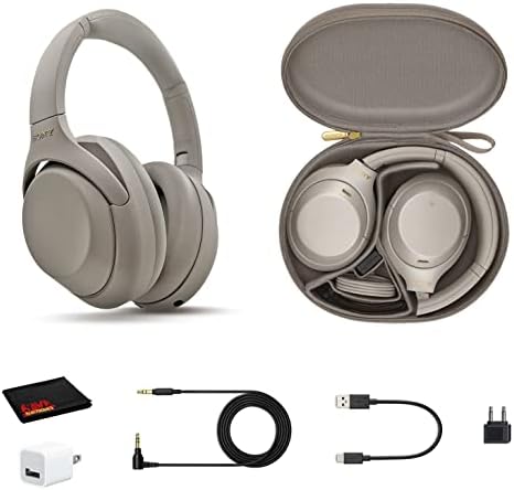 Sony WH-1000XM4 Wireless Noise Canceling Overhead Headphones with Mic for Phone-Call, Voice Control, Silver, with USB Wall Adapter and Microfiber Cleaning Cloth - Bundle