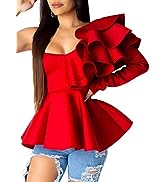 xxxiticat Women's Chic Ruffle Trim High Class Shirt Tops Tube Top Long Sleeve Peplum Bodycon Slim...