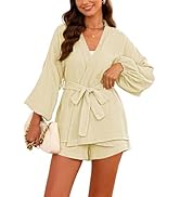 Fixmatti 2 Piece Short Sets for Women Summer V Neck Long Sleeve High Waisted Shorts Lounge Sets w...