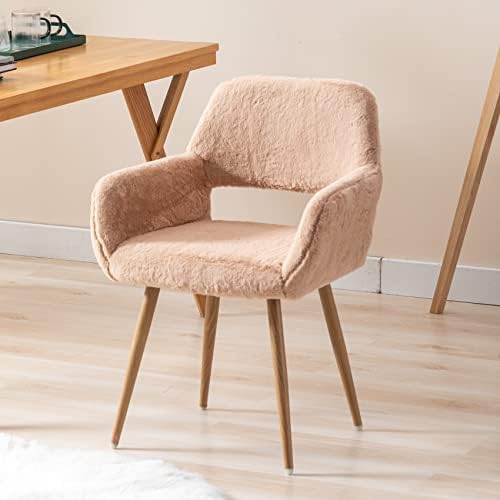 SSLine Faux Fur Vanity Chair Elegant Camel Furry Makeup Desk Chairs for Girls Women Modern Comfy Arm Chair with Wood Look Metal Legs in Bedroom Living Room