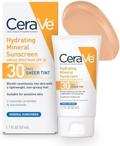 CeraVe Hydrating Mineral Sunscreen SPF 30 with Sheer Tint | Tinted Mineral Sunscreen with Zinc Oxide & Titanium Dioxide | Blends Seamlessly For Healthy Glow | Medium, 1.7 Fluid Ounce