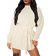 ZESICA Women's Long Sleeve Solid Color Waffle Knitted Tie Waist Tunic Pullover Sweater Dress