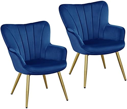 Yaheetech Velvet Accent Chair, Modern Armchair with Wing Side and Metal Legs, Cozy and Soft Padded and High Back for Living Room/Home Office/Bedroom, Set of 2, Blue
