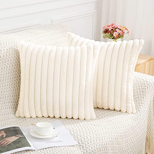 Pallene Faux Fur Plush Throw Pillow Covers 18x18 Set of 2 - Luxury Soft Fluffy Striped Decorative Pillow Covers for Sofa, Couch, Living Room - Cream White