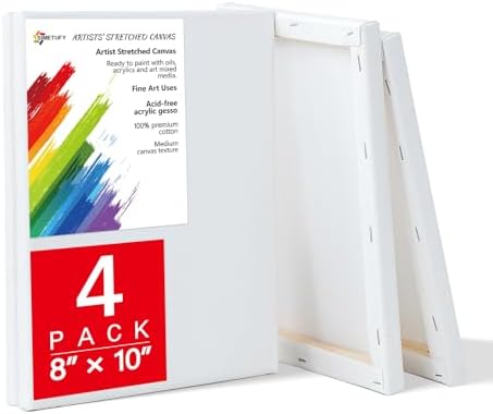 Simetufy 4 Pack Stretched Canvas for Painting 8x10 Inch, 100% Cotton Blank Painting Canvas, Canvases for Acrylic or Oil Paint, Pre-Primed, 5/8 Inch Profile