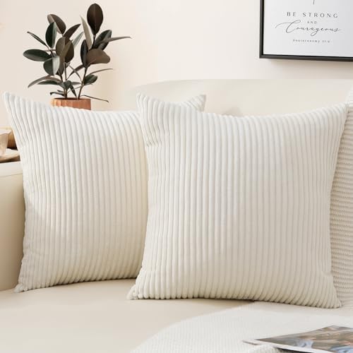 Mecatny Corduroy Throw Pillow Covers 18x18 Set of 2 - Striped Decorative Pillow Covers for Living Room, Bed - Soft Square Couch Pillow Covers for Sofa - Cream White