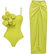 FLAXMAKER Hand-Stitched 3D Flowers Detachable Shoulder Strap One Piece Swimsuit and Sarong