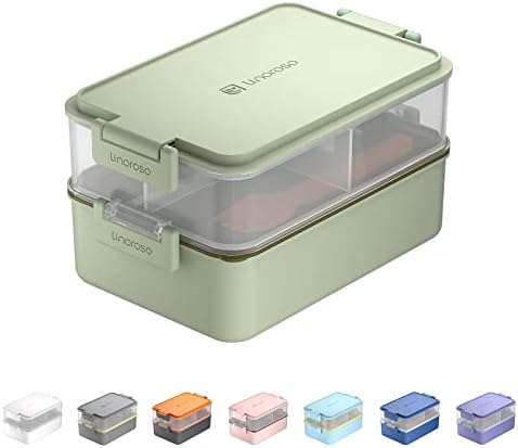 Linoroso Bento Lunch Box Boite Repas pour Adulte avec 3 Compartiment Lunchbox avec Récipient à Sauce et Ustensiles Micro Ondable et Lave-vaisselle, Sans BPA Comme Boîte à Sandwich Salade - Menthe Pâle