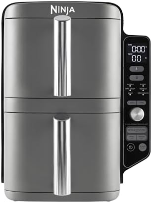 Ninja Double Stack XL Air Fryer, Vertical Dual Drawer AirFryer with 4 cooking levels, 2 Drawers and 2 Racks, Space Saving Design, 9.5L Capacity, 6 Cooking Functions, 8 Portions, Grey SL400UK