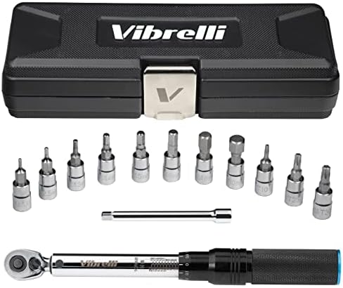 Vibrelli Bike Torque Wrench Set - 1/4 Inch Drive - 2 to 20nm, 0.1 Nm Micro - Essential MTB & Bicycle Torque Wrench Tools. Hex/Allen 2-10, Torx 10-30, 100mm Extension Socket, Storage Case