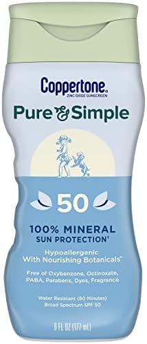 Coppertone Pure and Simple Zinc Oxide Mineral Sunscreen Lotion SPF 50, Body Sunscreen, Water Resistant, Broad Spectrum SPF 50 Sunscreen for Sensitive Skin, 6 Fl Oz Bottle