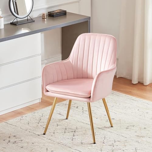 Altrobene Velvet Accent Chair, Home Office Desk Chair No Wheels, Modern Dinging Chair, Living Room Bedroom Arm Chair, Girls Vanity Chair, Golden Finished, Pink