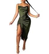 xxxiticat Women's Sleeveless Spaghetti Strap Satin Dress Cocktail Evening Party Cowl Neck Drawstr...