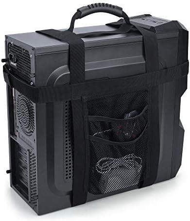 Trunab PC Tower Carrying Strap with Rubber Handle, Desktop Carrying Case Belt Computer Travel Holder with Pockets for Cable, Mouse, Ideal for Transporting On The Go - Patented Design