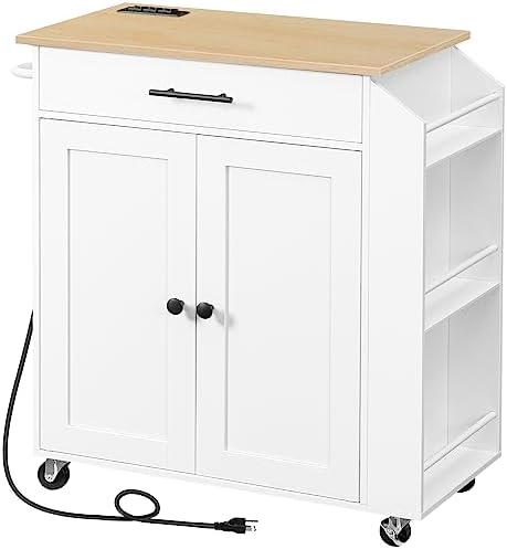 HOOBRO Kitchen Island with Power Outlet, Kitchen Storage Island with Spice Rack and Drawer, Rolling Kitchen Cart on Wheels, for Home, Kitchen and Dining Room, White and Natural WN82UZD01G1