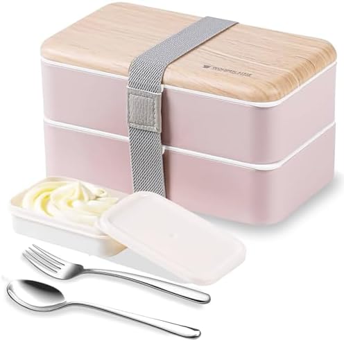 Boîte bento Repas Boîte à Lunch Boîte à Déjeuner gouter Bundle Divider Style Japonais Lunch Box avec Une cuillère et Une Fourchette en Acier Inoxydable (rose)