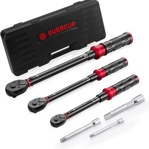 SUERCUP 1/4 3/8 1/2-inch Drive Torque Wrench - 3Pcs Torque Wrench Set 20-240in.lb, 5-45ft.lb, 10-170ft.lb, Dual-Direction Adjustable 72 Tooth Click Torque Wrench for Bicycle, Moto and Car Maintenance