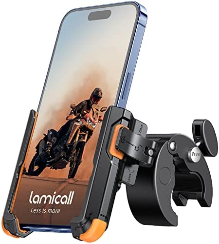 Lamicall Motorcycle Phone Mount Holder - [Camera Friendly] [1s Lock] Bike Phone Holder Handlebar Clamp, Bicycle Scooter Phone Clip, for iPhone 15 Pro Max, 14, 13, 2.4~3.54" Wide Phone, Orange