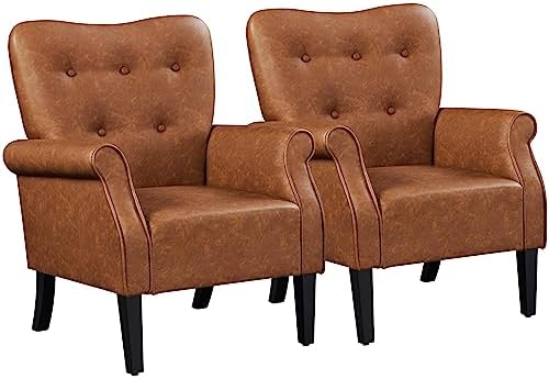 Yaheetech Modern Armchair, Mid Century PU Leather Accent chair with Sturdy Wood Legs and High Back for Small Space, Upholstered Sofa Club Chair for Living Room/Bedroom, Set of 2, Retro Brown