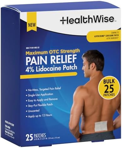 HealthWise 4% Lidocaine Pain Relief Patch | Maximum OTC Strength | 25-Count | 3.93” x 5.51” | Soothes Minor Aches and Pains | Odor Free | Topical Anesthetic | Easy to Apply Flexible Adhesive