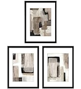 ArtbyHannah 11x14 Inch Black Framed Abstract Wall Art Set of 3 with Brown Black Tan Blocks for Wa...