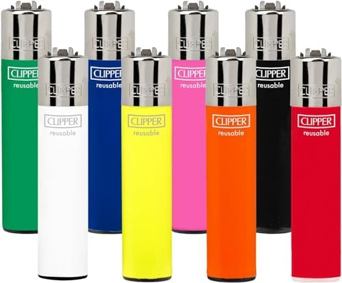 8 Clipper Reusable Lighters Assorted Solid Colors Refillable Reflintable Regular Size - 1 Clear, 1 White, 1 Yellow, 1 Orange, 1 Red, 1 Green, 1 Blue, 1 Black