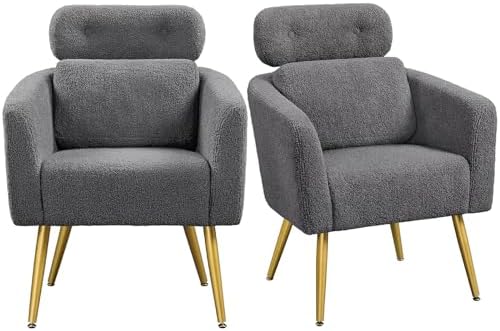 Yaheetech Accent Chair, Cozy Living Room Chair with Adjustable Headrest, Boucle Vanity Chair with Lumbar Pillow and Golden Legs, Modern Armchair for Bedroom Lounge Waiting Room, Dark Gray, 2 Pieces