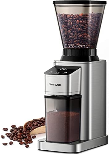 SHARDOR Conical Burr Coffee Grinder Electric, Adjustable Touchscreen Burr Mill with 48 Precise Settings, Precision Electronic Timer, Anti-static, Brushed Stainless Steel