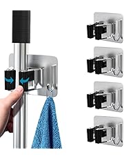 HOMEASY Mop Broom Holder No Drill, Mop Broom Organizer Wall Mounted Heavy Duty with Hooks Hanger, Self Adhesive Stainless Steel 4Pcs for Bathroom, Kitchen, Office (Silver-Black)