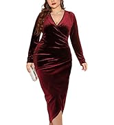 TINSTREE Womens Plus Size Long Sleeve Velvet Bodycon Dresses Sexy Ruched Wrap Deep V Neck Party C...