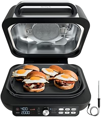 Ninja IG651 Foodi Smart XL Pro 7-in-1 Indoor Grill/Griddle Combo, use Opened or Closed, Air Fry, Dehydrate & More, Pro Power Grate, Flat Top, Crisper, Smart Thermometer, Black