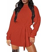 ZESICA Women's Long Sleeve Solid Color Waffle Knitted Tie Waist Tunic Pullover Sweater Dress