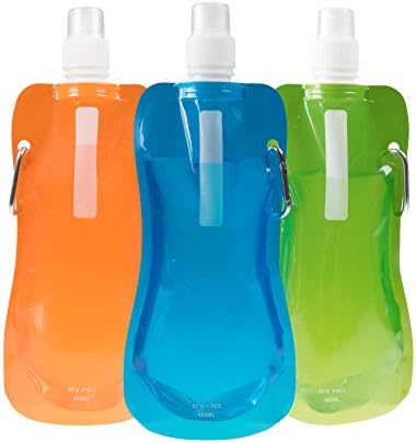 Clever Creations Collapsible Sports Water Bottle 3 Pack, Foldable Leak Proof Travel Bottles for Camping and Hiking, 480 mL Capacity, Blue, Orange, and Green