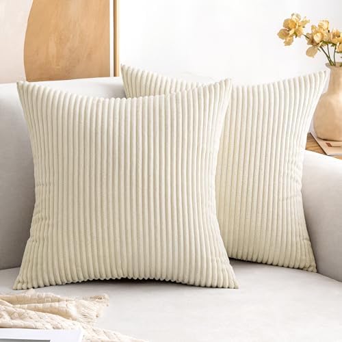 MIULEE Pack of 2 Corduroy Pillow Covers Soft Soild Cushion Cases Decorative Square Throw Pillow Covers Cream White Pillowcases for Sofa Bedroom Car 18 x 18 Inch 45 x 45 Cm