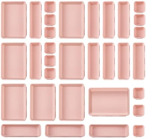 Purpeak 32 Pcs Desk Drawer Organizer Office Organization Tray Versatile Vanity Organizer with Nonslip Pads Makeup Organizer for Divider Drawer Storage Box Container for Kitchen Bedroom (Pink)