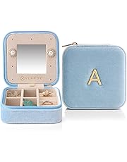 Travel Jewelry Box, Initial A Letter Small Jewelry Case for Women Girls, Earring Organizer Box with Mirror for Mothers Valentines Day Birthday Gift(A, Blue)