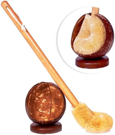 Bamboo Toilet Brush with Coconut Shell holder Eco-Friendly Wooden Toilet Bowl Cleaning Brush - Effective Toilet Cleaning Brush with Hanging Hook - Durable and Natural Toilet Cleaner