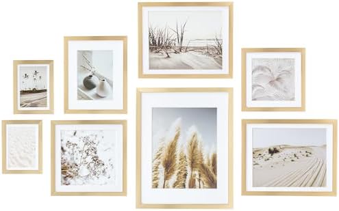 ArtbyHannah 8 Pack Neutral Gallery Wall Frame Set, Gold Picture Frames Collage Wall Decor with Desert Pictures, Multiple Sizes One 11x14,One 10x10,One 8x8,One 8x10,Two 12x9.5,Two 5x7