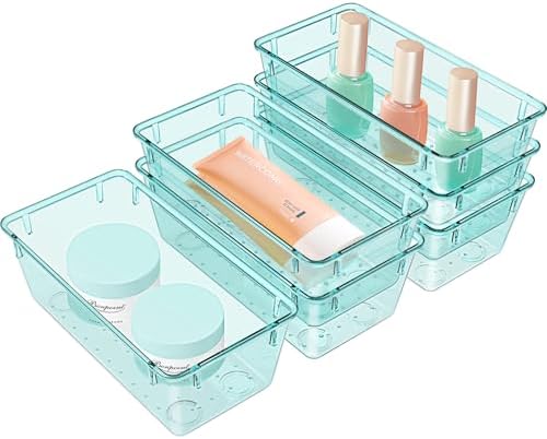 WOWBOX 6 PCS Plastic Drawer Organizer Set, Desk Drawer Divider Organizers and Storage Bins for Makeup, Jewelry, Gadgets for Kitchen, Bedroom, Bathroom, Office, Sea Blue