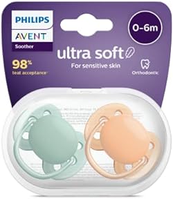 Philips Avent Ultra Soft Pacifier 2 Pack - BPA-Free Dummy for Babies from 0-6 Months, Orange/Green (Model SCF0