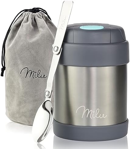 Milu Boîtes Alimentaires Isothermes 300ml I 440ml, Boîte Isotherme Repas Chaud Porte-Aliments en Acier Inoxydable à Double Couche, Cuillère Pliante pour Ecole, Bureau (300ml/Gris)